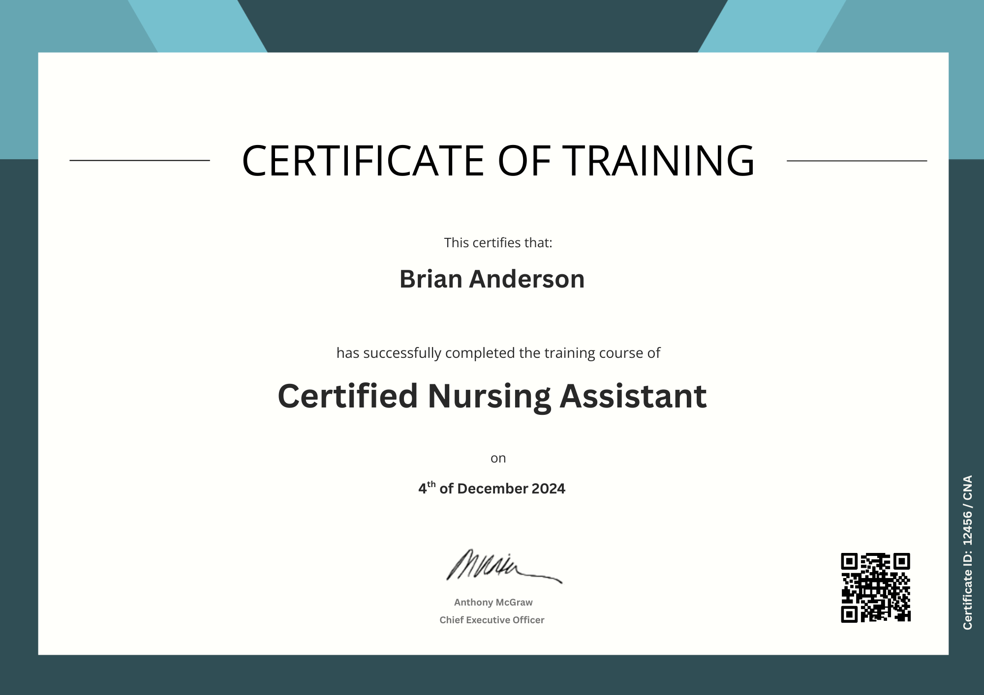 CNA Certificate Template – Certificate of Training Edition